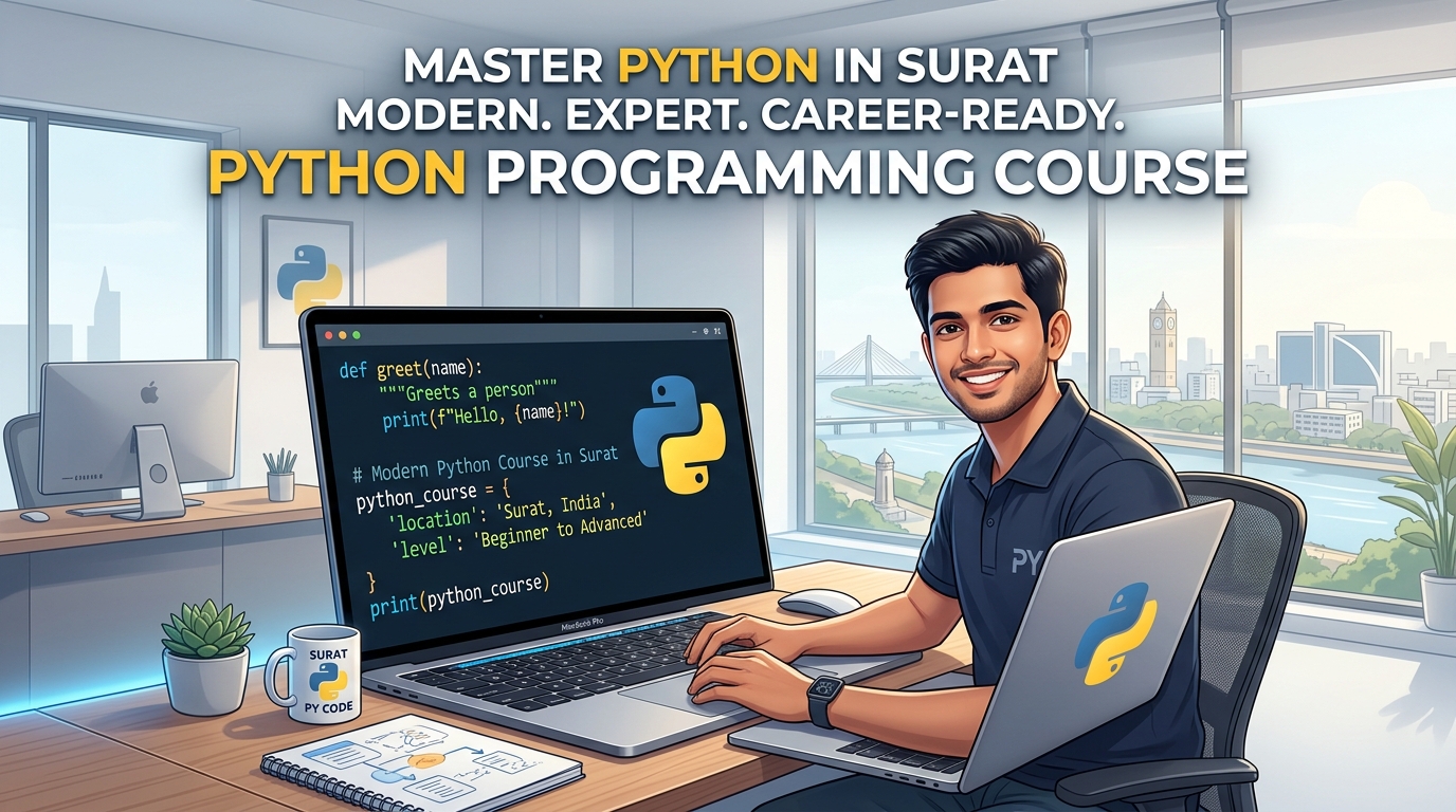 Python Programming Training in Surat showing modern laptop with clean Python code and tech workstation